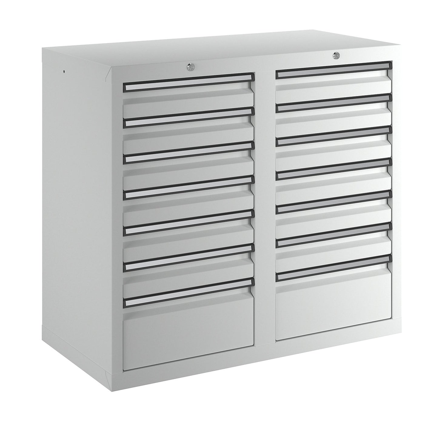 Drawer cupboard, HxWxD 900 x 1000 x 500 mm, 12 x 100 mm high drawers, 2 x 200 mm high drawers, body and drawers, grey.