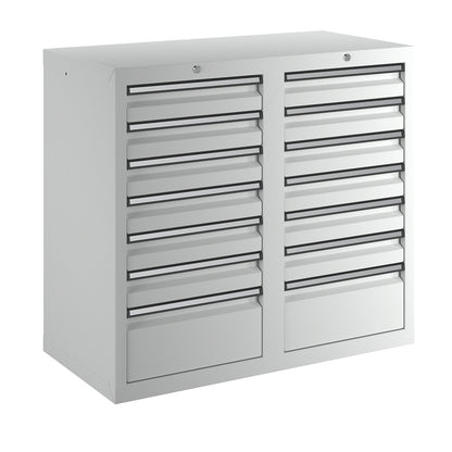 Drawer cupboard, HxWxD 900 x 1000 x 500 mm, 12 x 100 mm high drawers, 2 x 200 mm high drawers, body and drawers, grey.