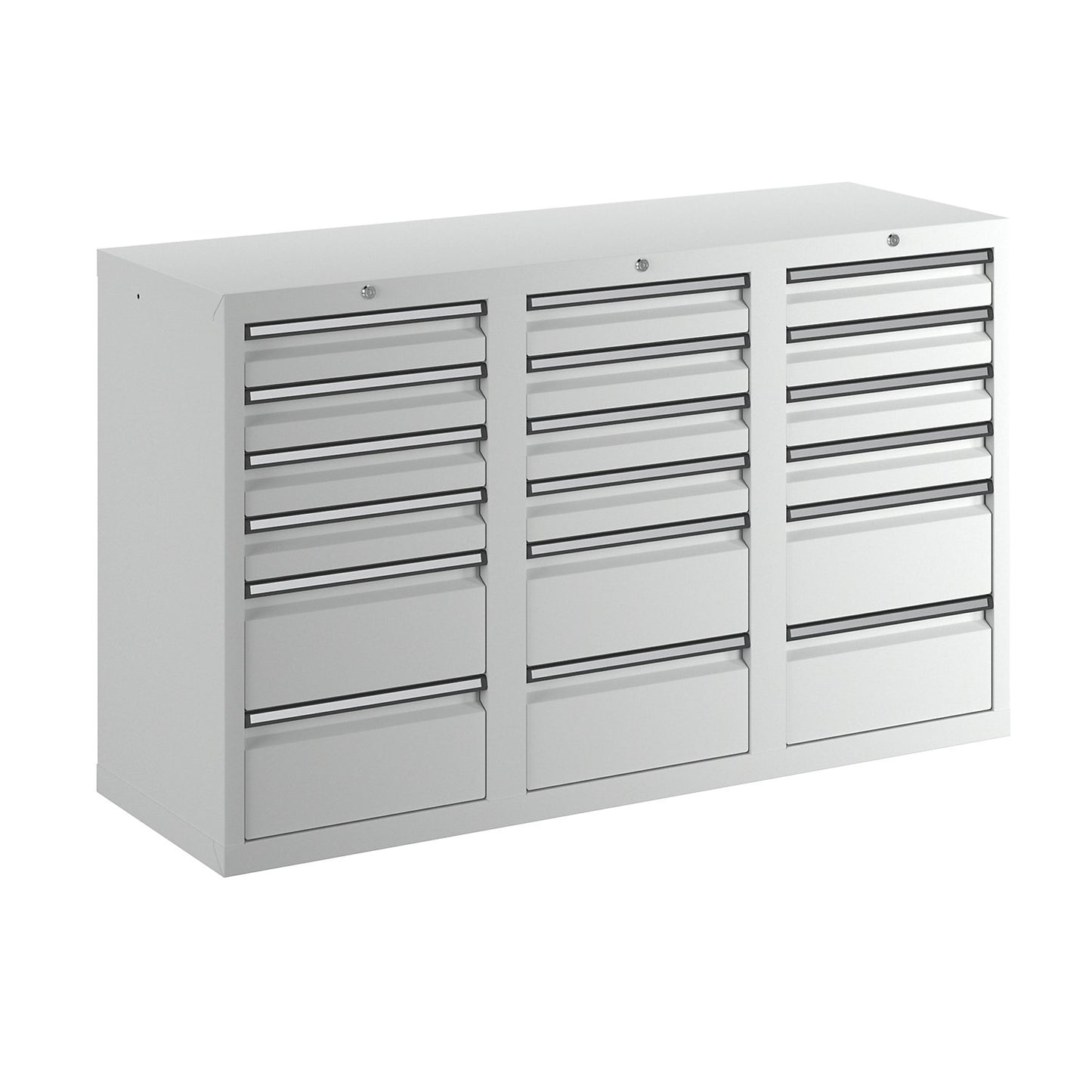Drawer cupboard, HxWxD 900 x 1500 x 500 mm, 12 x 100 mm drawers, 6 x 200 mm high drawers, body and drawers, grey.