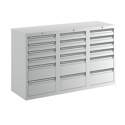 Drawer cupboard, HxWxD 900 x 1500 x 500 mm, 12 x 100 mm drawers, 6 x 200 mm high drawers, body and drawers, grey.