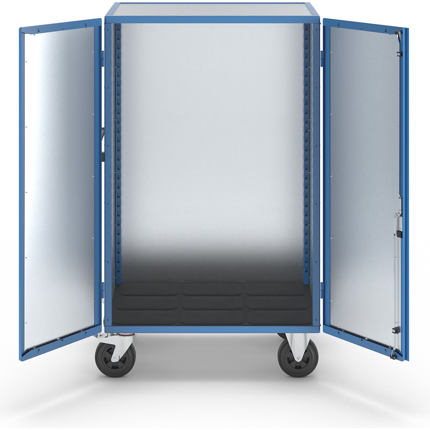 Cupboard trolley, hinged doors made of zinc plated sheet steel, without shelves.