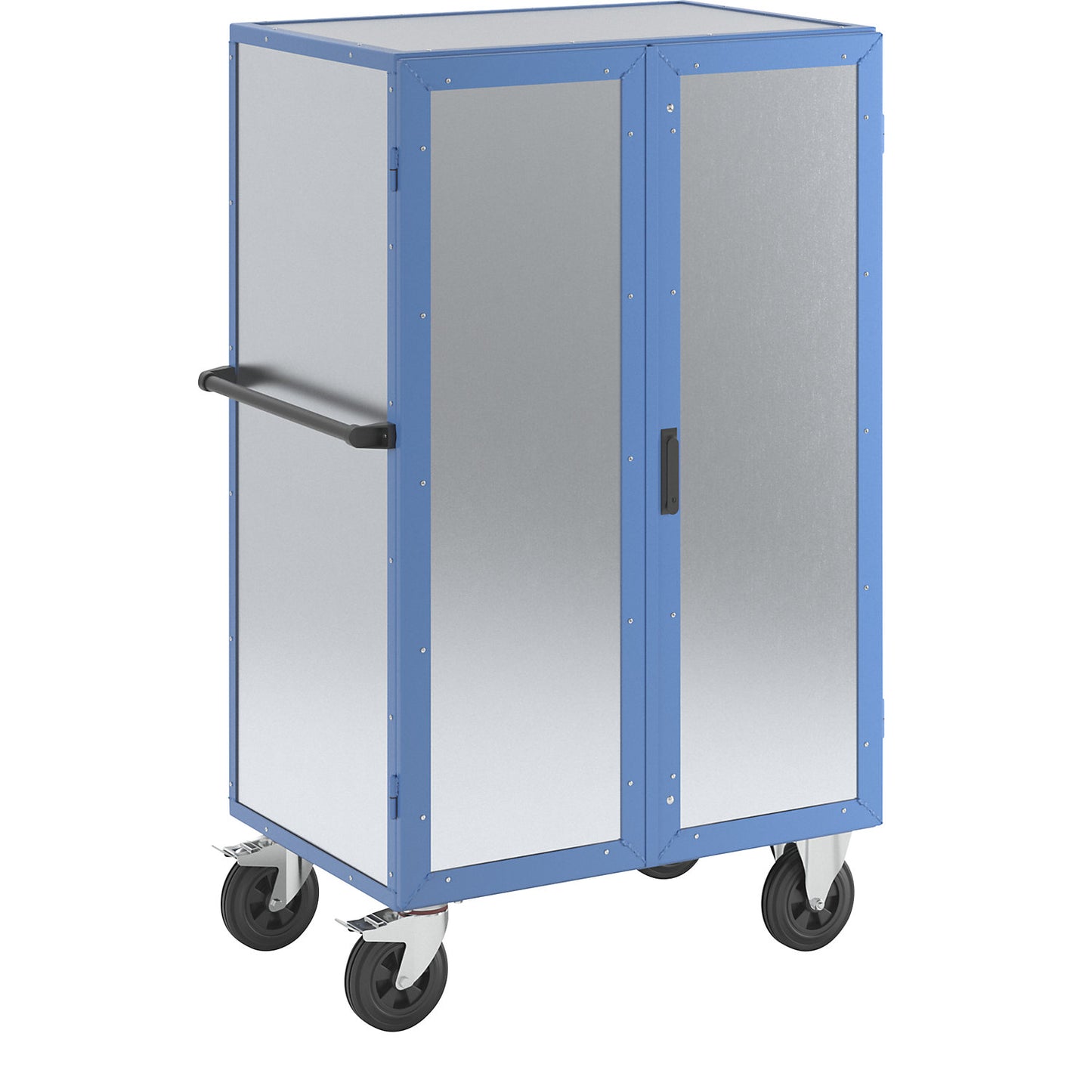Cupboard trolley, hinged doors made of zinc plated sheet steel, with 3 shelves.