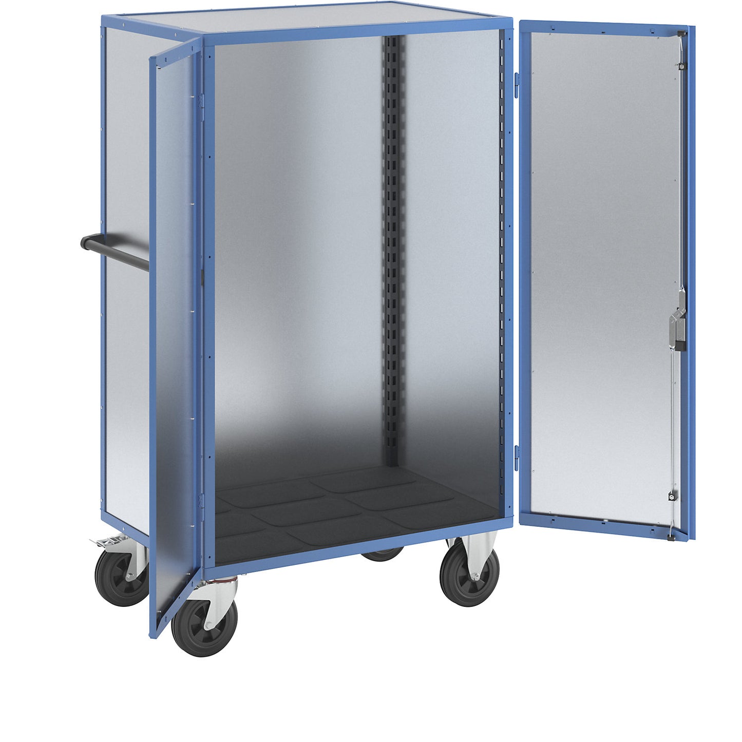 Cupboard trolley, hinged doors made of zinc plated sheet steel, without shelves.