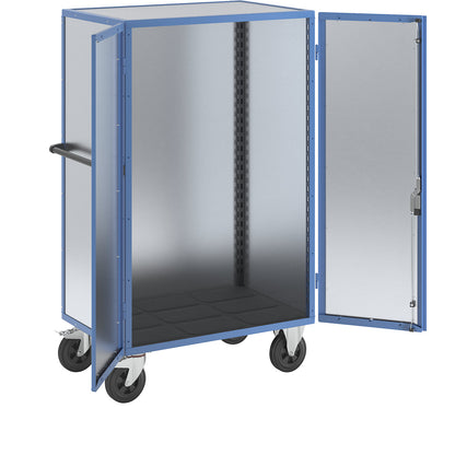 Cupboard trolley, hinged doors made of zinc plated sheet steel, without shelves.
