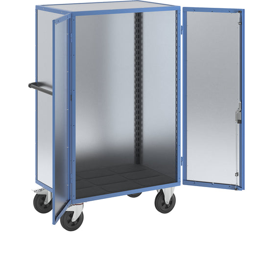 Cupboard trolley, hinged doors made of zinc plated sheet steel, without shelves.