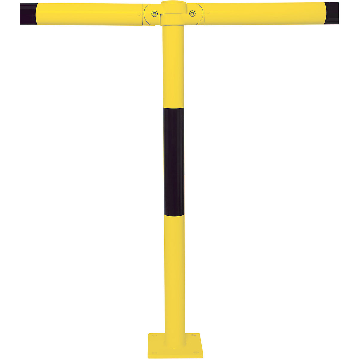 Railing system, upright with base plate, yellow/black.