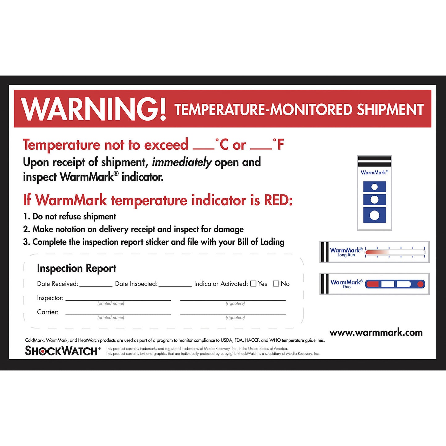 WarmMark® warning label, pack of 10, LxW 222 x 146 mm.