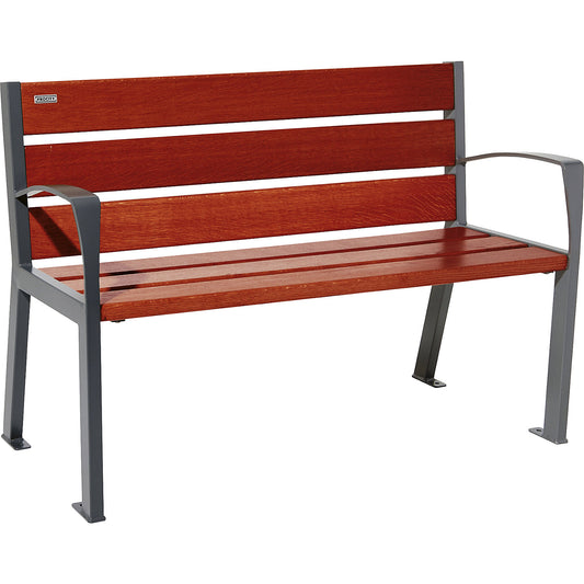 SILAOS® wooden bench with back rest, height 866 mm, length 1200 mm, charcoal, mahogany.