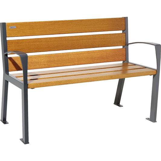 SILAOS® wooden bench with back rest, height 866 mm, length 1200 mm, charcoal, light oak finish.