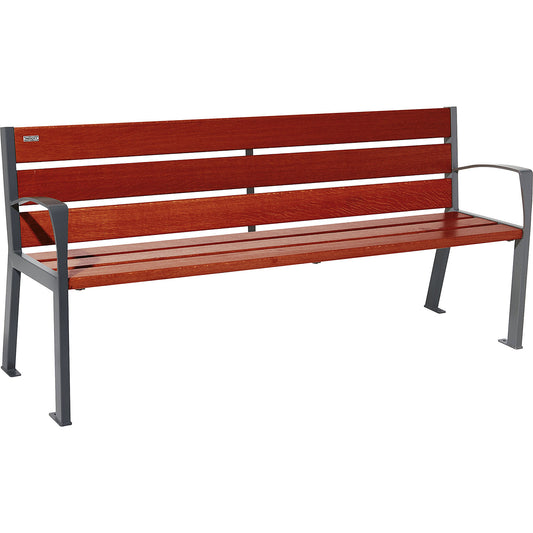 SILAOS® wooden bench with back rest, height 866 mm, length 1800 mm, charcoal, mahogany.