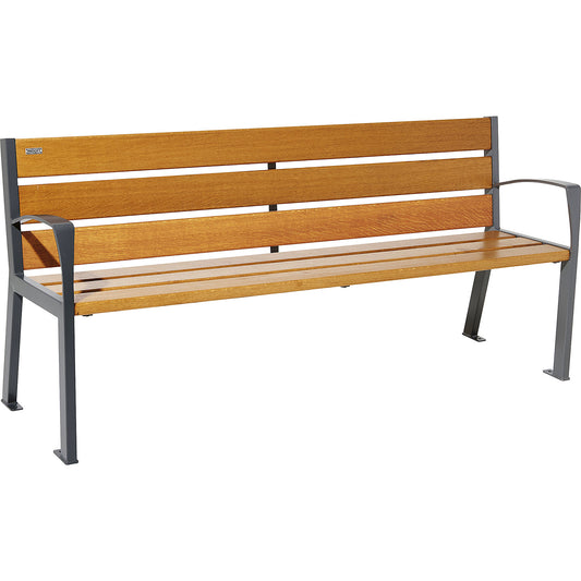 SILAOS® wooden bench with back rest, height 866 mm, length 1800 mm, charcoal, light oak finish.