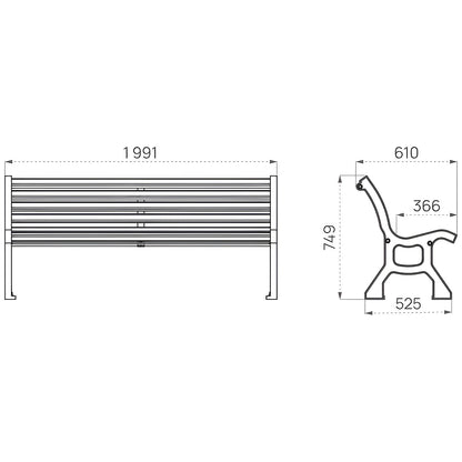 LUBLIN wooden bench, seat depth 385 mm, metallic, mahogany.