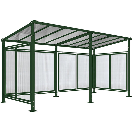 MILANO bicycle shelter, standard model + extension with rear cladding/side panels, moss green.
