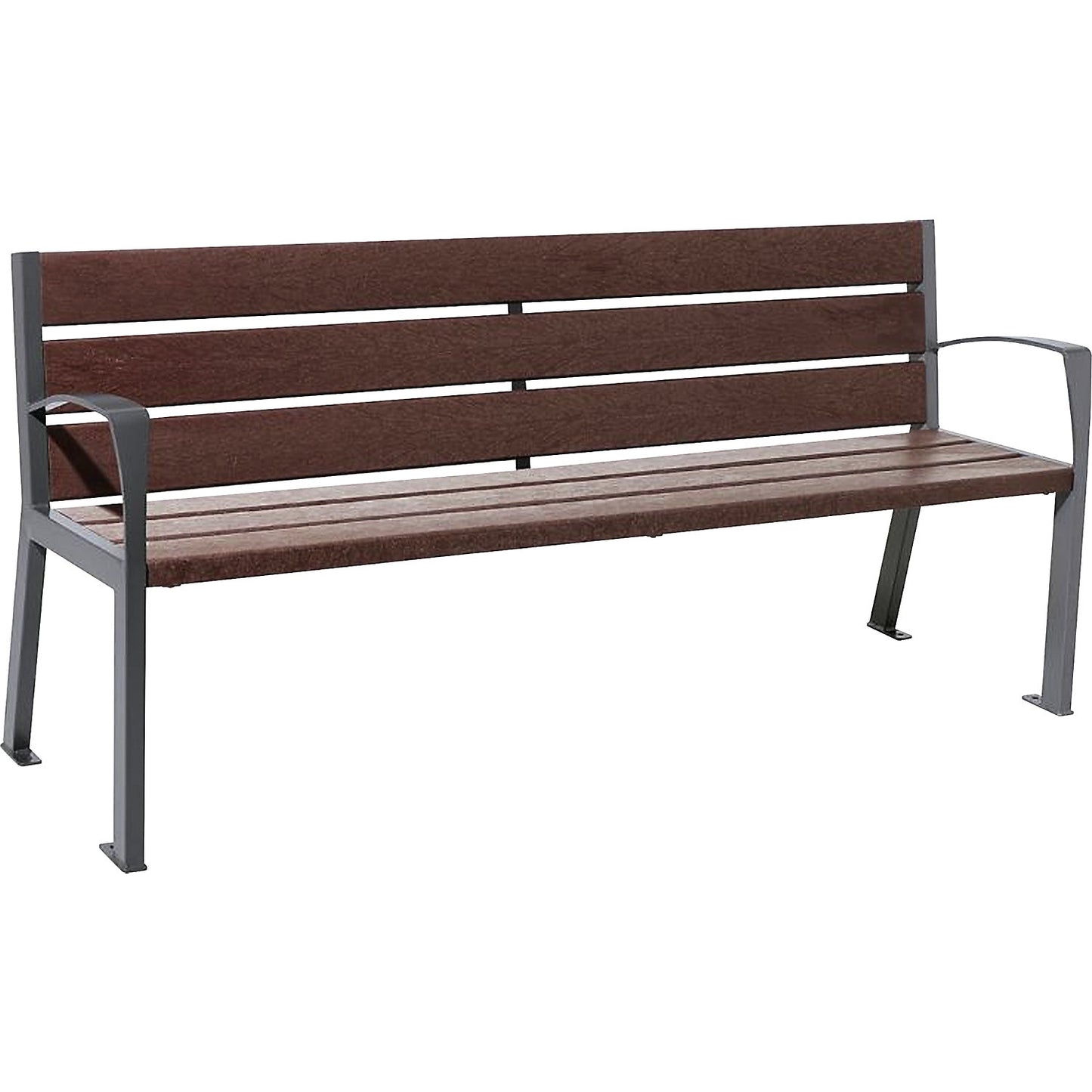 SILAOS® bench made of recycled plastic, with back rest, charcoal, brown, standard arm rests, 6 seat and back rest planks.
