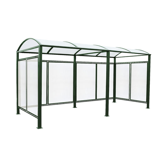 Shelter for bicycles, bus stops, entrances, standard model + extension with rear cladding/side panels, moss green.