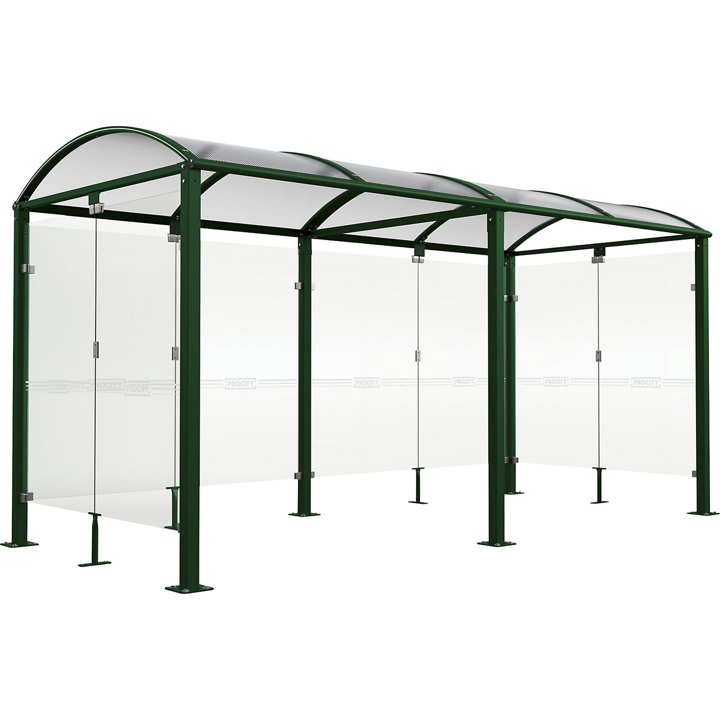 Bicycle shelter with glass, standard model + extension with rear cladding/side panels, moss green.