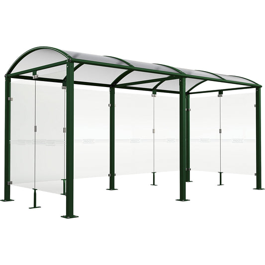 Bicycle shelter with glass, standard model + extension with rear cladding/side panels, moss green.