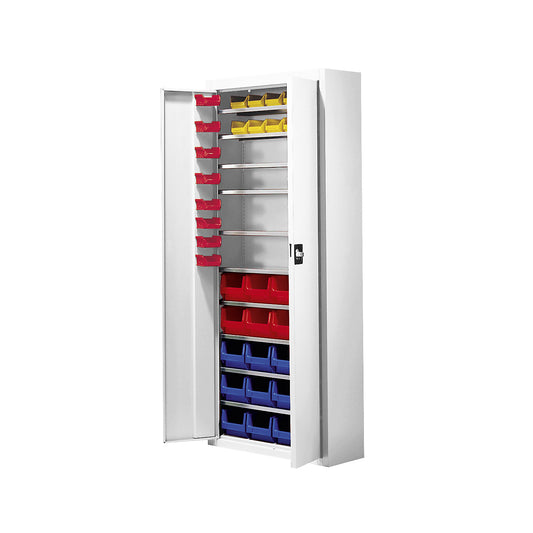 Storage cupboard with open fronted storage bins, HxWxD 1740 x 680 x 280 mm, 48 bins, single colour, light grey.
