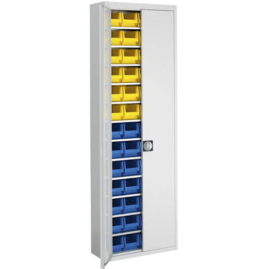 Storage cupboard with open fronted storage bins, HxWxD 2150 x 680 x 280 mm, single colour, grey, 52 bins.