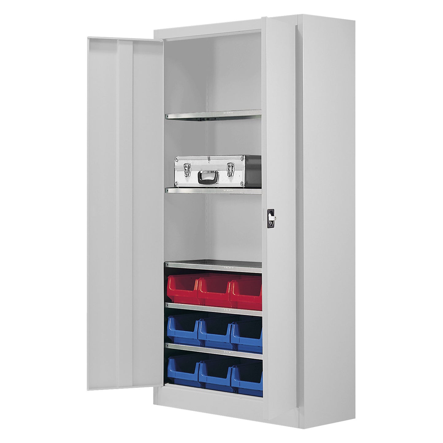 Storage cupboard, single colour, with 12 open fronted storage bins, 5 shelves, grey.
