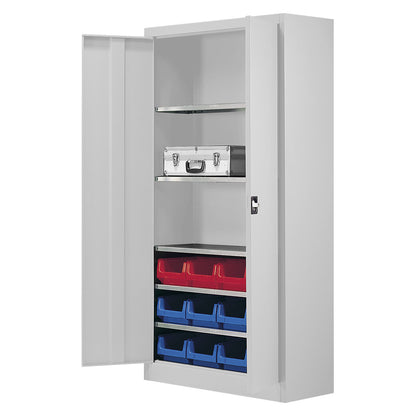 Storage cupboard, single colour, with 12 open fronted storage bins, 5 shelves, grey.