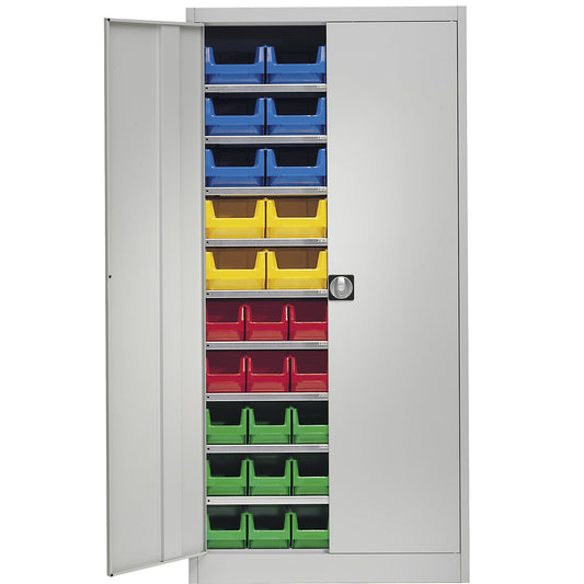 Storage cupboard, single colour, with 50 open fronted storage bins, 9 shelves, grey.