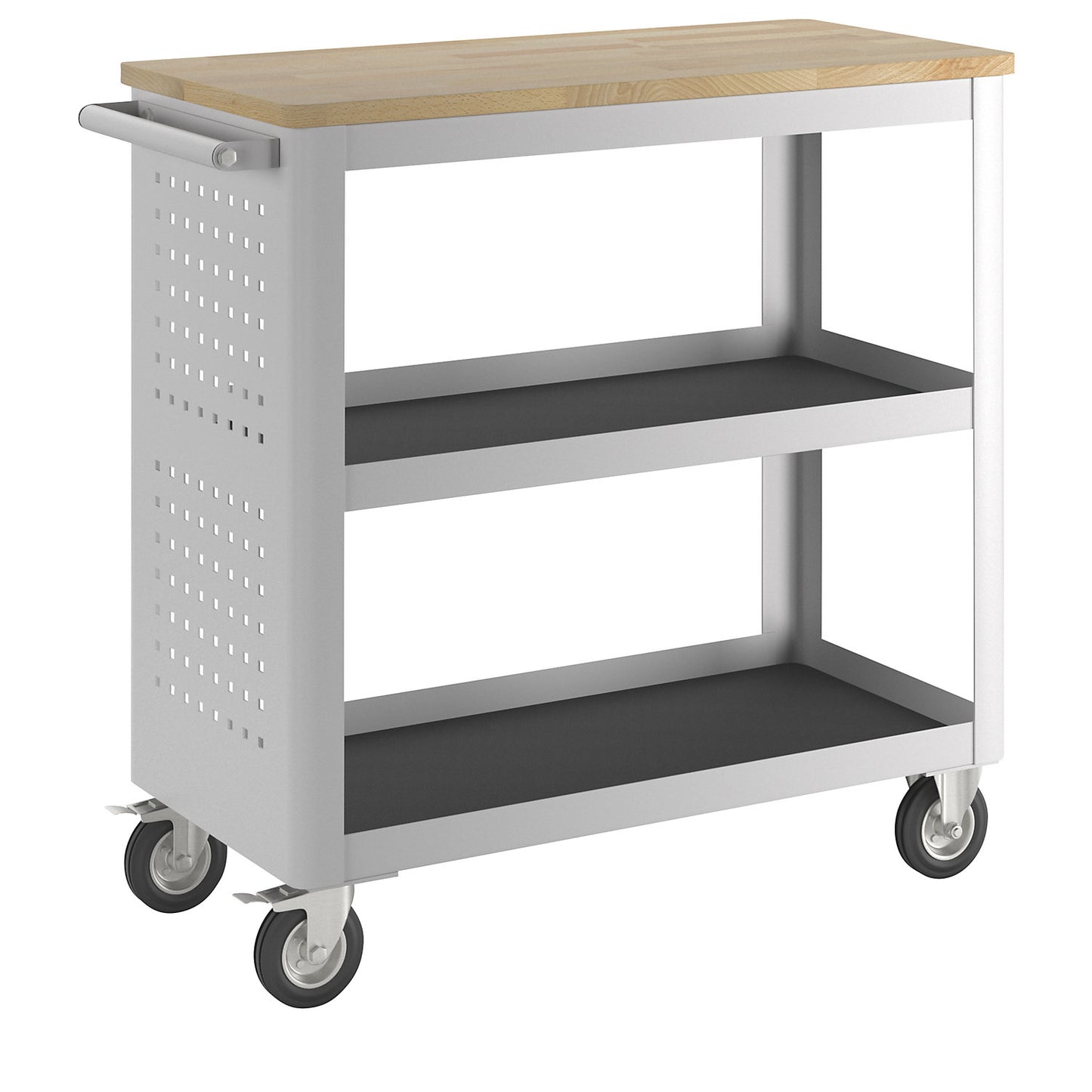 Tool trolley, width 965 mm, 2 full length shelves, light grey.
