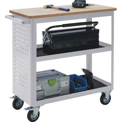 Tool trolley, width 965 mm, 2 full length shelves, light grey.