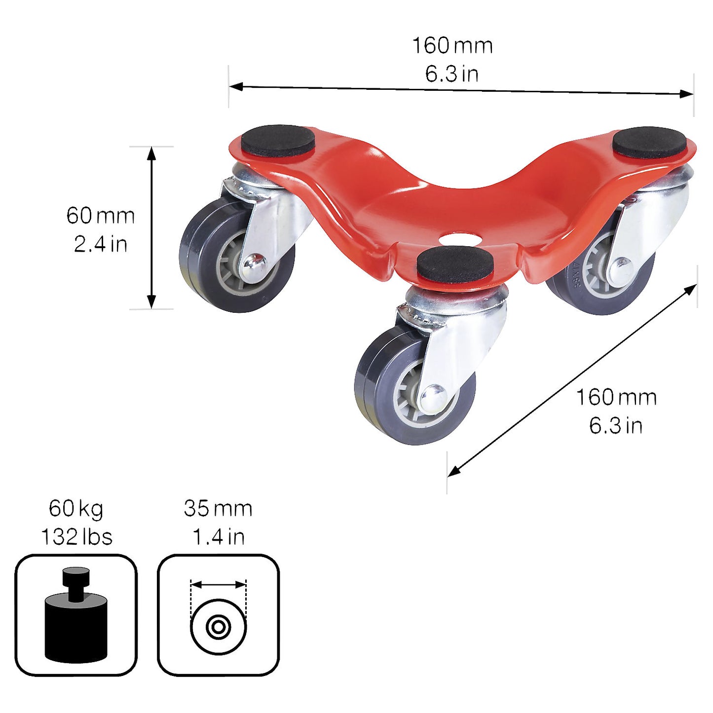 Furniture dolly, MM 1193, LxW 160 x 160 mm, pack of 4, max. load 60 kg.