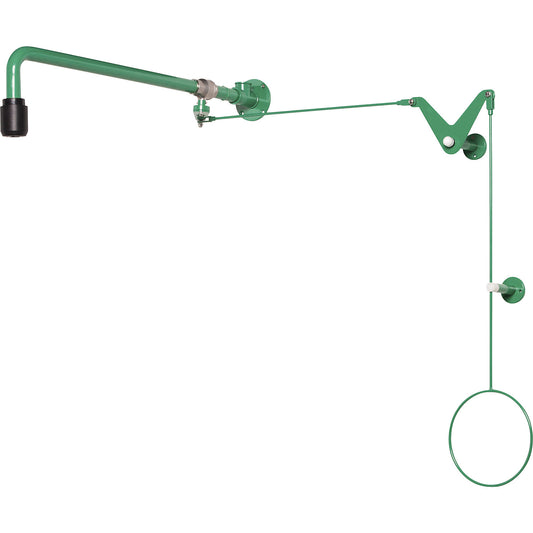 ClassicLine body emergency shower, above door installation, with pull rod diversion.