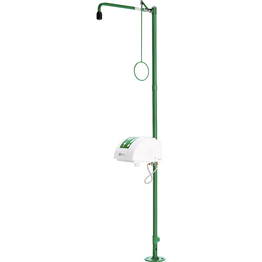 ClassicLine body emergency shower, free standing with eye shower, collection basin and cover, green/black.