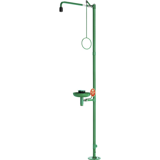ClassicLine body emergency shower, free standing with eye shower and collection basin, green/black.
