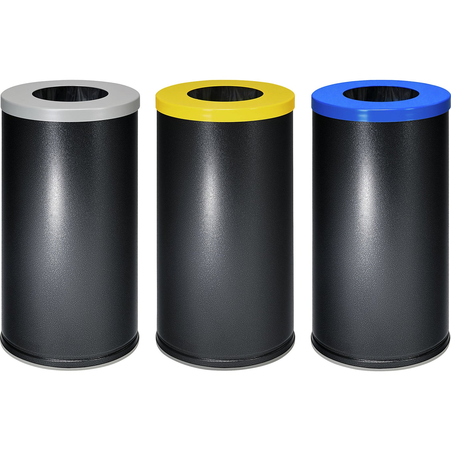 Set of 3 recyclable waste collectors, capacity 70 l, pack of 3, gentian blue / silver / yellow lid.
