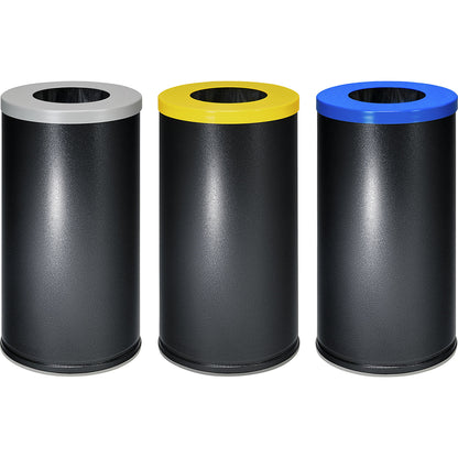 Set of 3 recyclable waste collectors, capacity 70 l, pack of 3, gentian blue / silver / yellow lid.