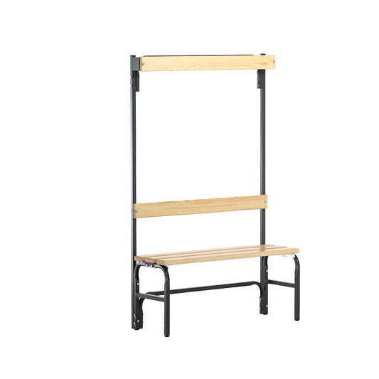 Changing room bench with hook strips, single-sided, 3 hooks, 1015 mm, charcoal.