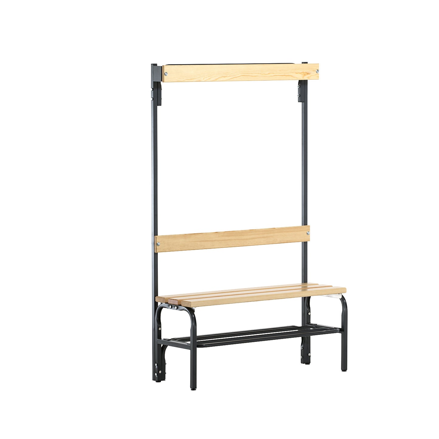 Changing room bench with hook strips, single-sided, 3 hooks, 1015 mm, charcoal, shoe rack.