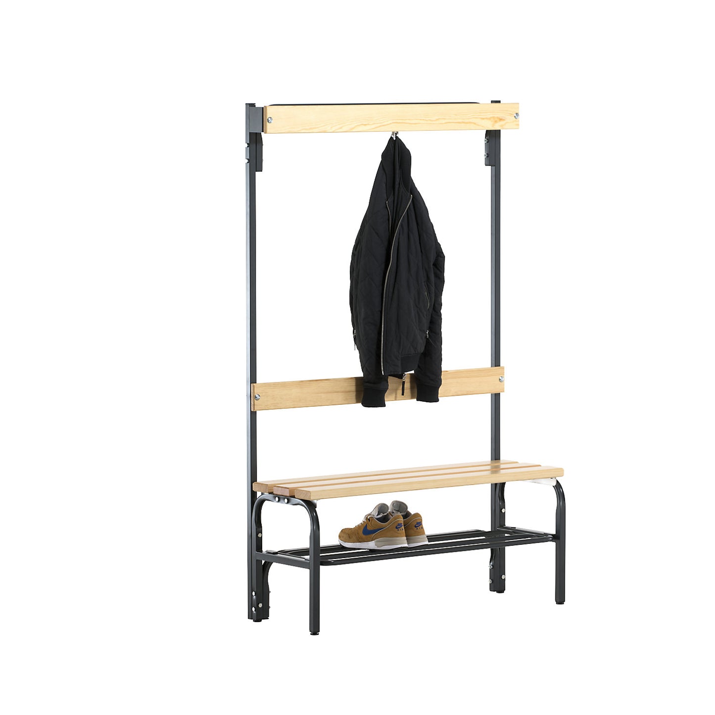 Changing room bench with hook strips, single-sided, 3 hooks, 1015 mm, charcoal, shoe rack.