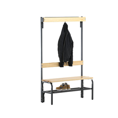 Changing room bench with hook strips, single-sided, 3 hooks, 1015 mm, charcoal, shoe rack.