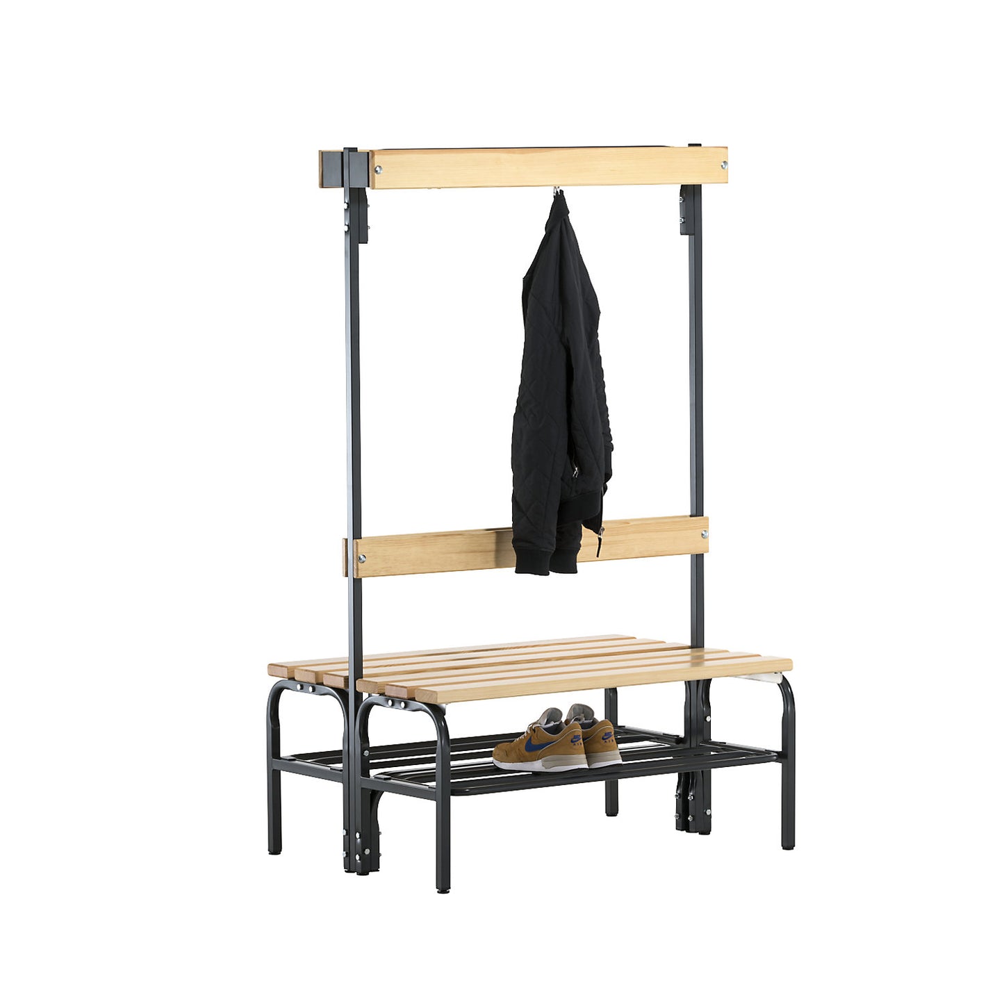 Changing room bench with hook strips, double-sided, 6 hooks, 1015 mm, charcoal, shoe rack.