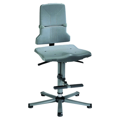 SINTEC industrial swivel chair, permanent contact mechanism, five-foot tubular steel base with glides and step.
