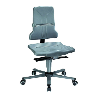 SINTEC industrial swivel chair, permanent contact, adjustable seat inclination, five-foot tubular steel base with castors.