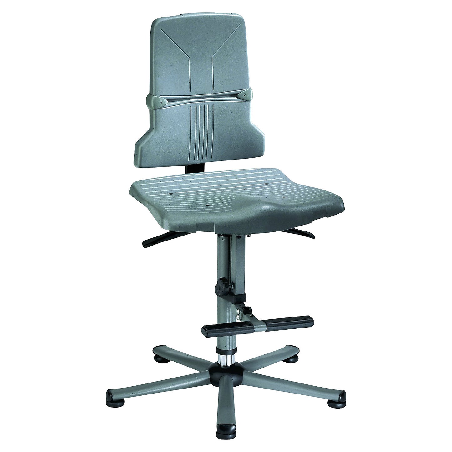 SINTEC industrial swivel chair, permanent contact, adjustable seat inclination, five-foot tubular steel base with glides and step.