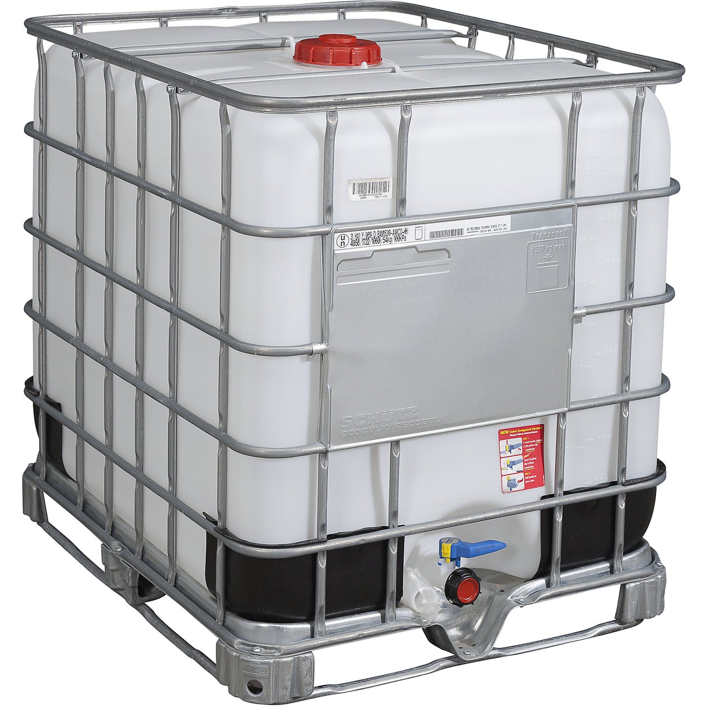 RECOBULK IBC container, capacity 1000 l, on steel frame pallet, NW opening 150 mm / NW outlet 50 mm.