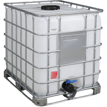 RECOBULK IBC container, capacity 1000 l, on steel frame pallet, NW opening 225 mm / NW outlet 80 mm.