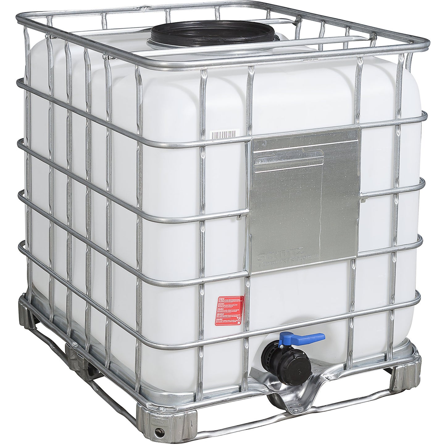 RECOBULK IBC container, capacity 1000 l, on steel frame pallet, NW opening 400 mm / NW outlet 80 mm.
