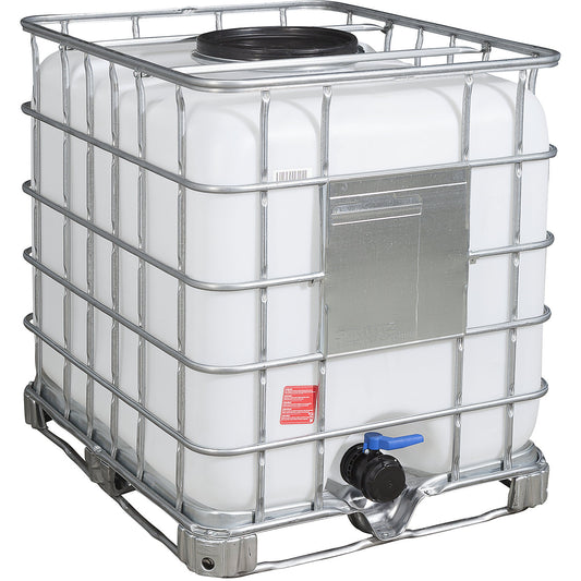 RECOBULK IBC container, capacity 1000 l, on steel frame pallet, NW opening 400 mm / NW outlet 80 mm.