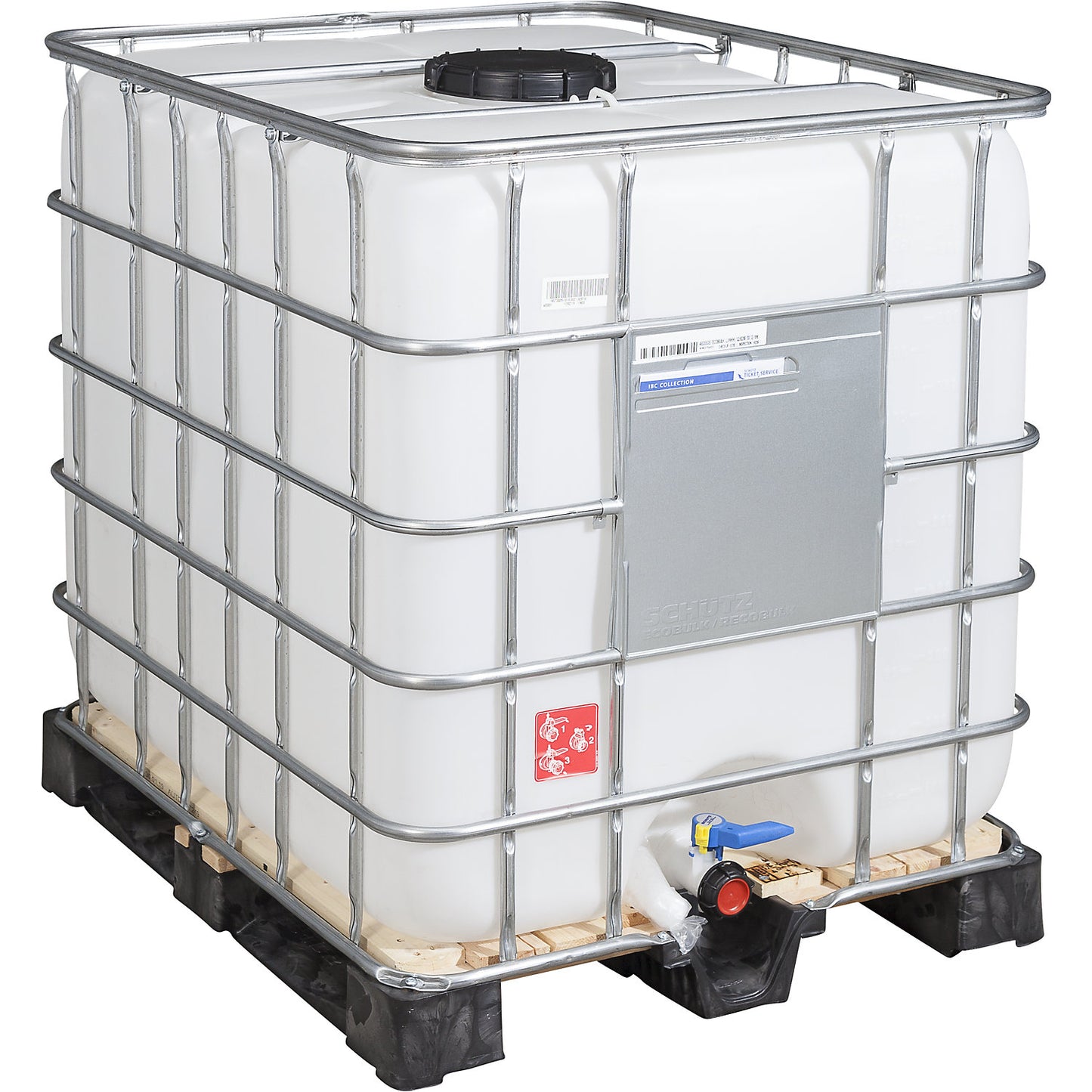 RECOBULK IBC container, capacity 1000 l, on wooden pallet, NW opening 225 mm / NW outlet 50 mm.