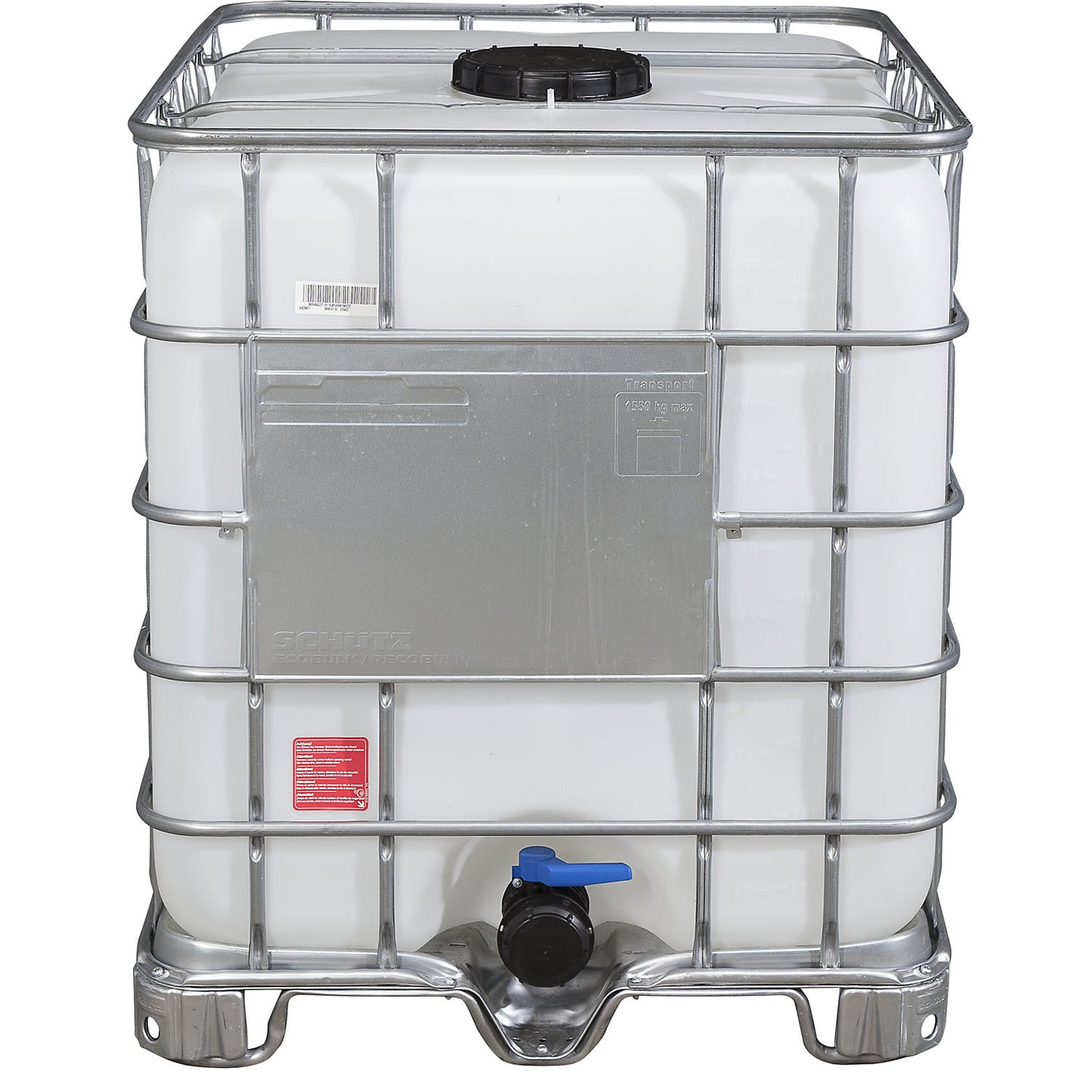 RECOBULK IBC container, capacity 1000 l, on steel skid pallet, NW opening 225 mm / NW outlet 80 mm.