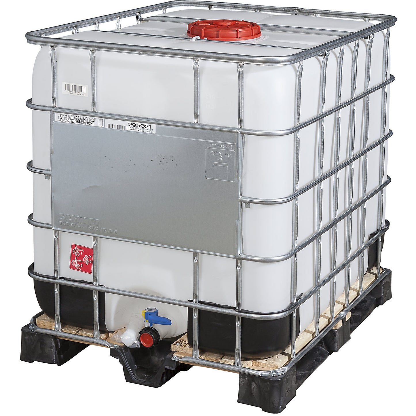 RECOBULK IBC container, UN approval, capacity 1000 l, on wooden pallet, NW opening 225 mm / NW outlet 50 mm.