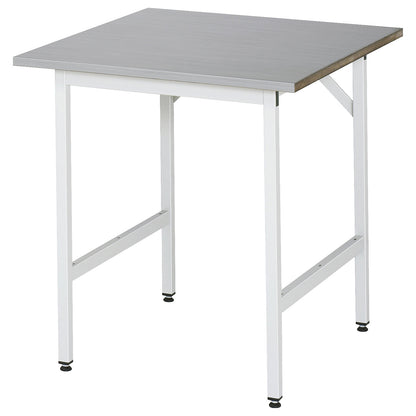 Work table, height adjustable, frame 30 x 30 mm, stainless steel panel, WxD 750 x 800 mm.